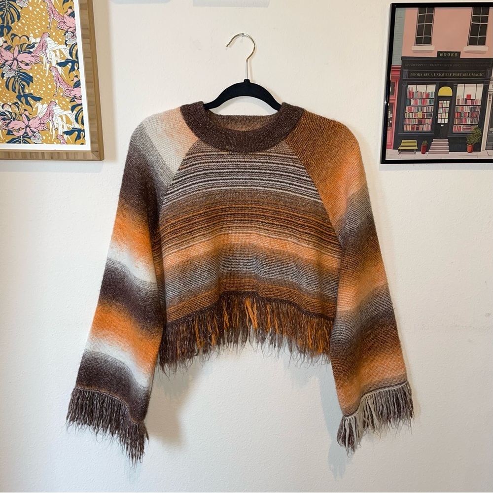 Zara Orange Brown Striped Fringe Sweater - Picture 7 of 13